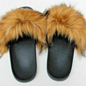 NEW WOMENS SIZE 43 UK / 10.5 US BLACK RUBBER SLIDES BROWN FURRY FUZZY